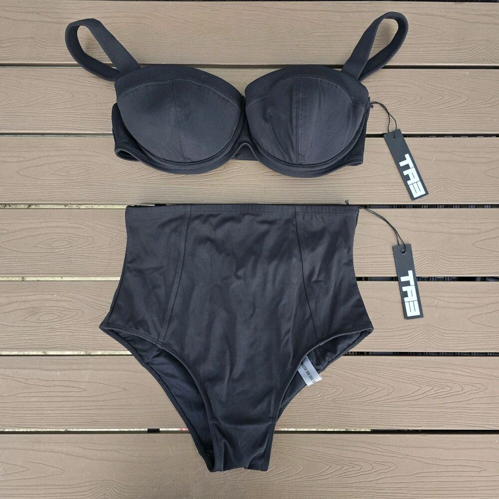 TA3 Black Busty Swim F/G Bra Top & High Waist Cheeky Bikini Bottom Size S New